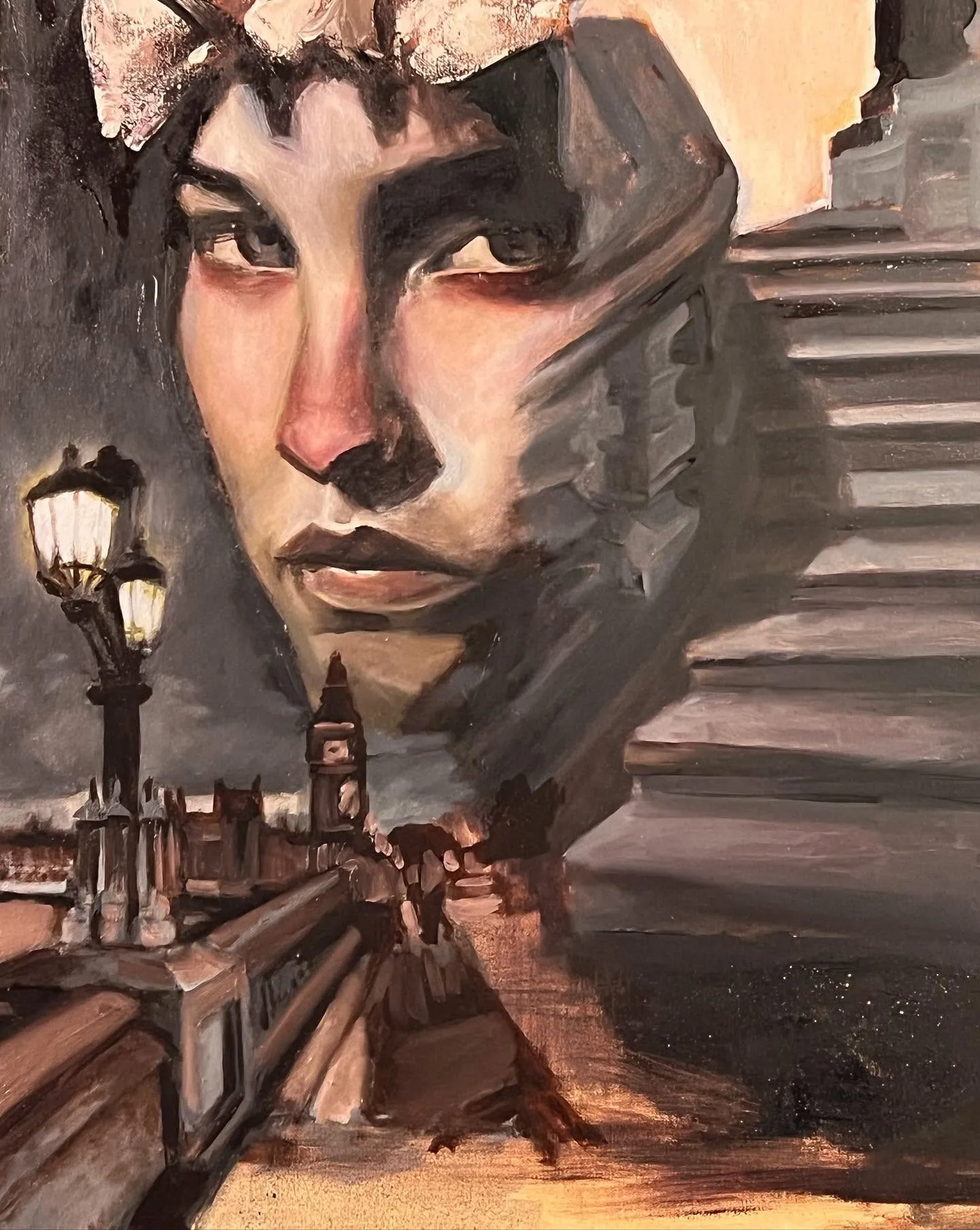 Oil painting of a woman's face above a city stairway lit by a street lamp