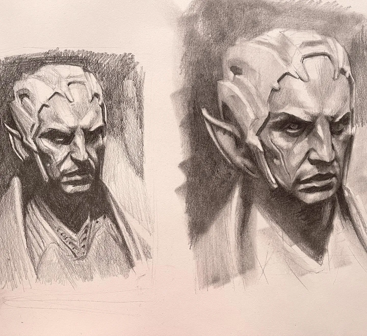 Two pencil studies of a figure with pointed ears