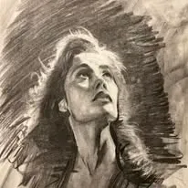 Charcoal drawing of a woman looking upward
