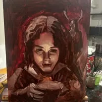 Oil painting of a girl holding a light, in deep reds