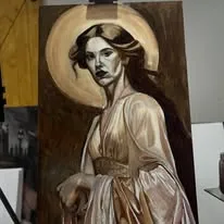 Oil painting of a woman in a gold gown with a halo, in progress